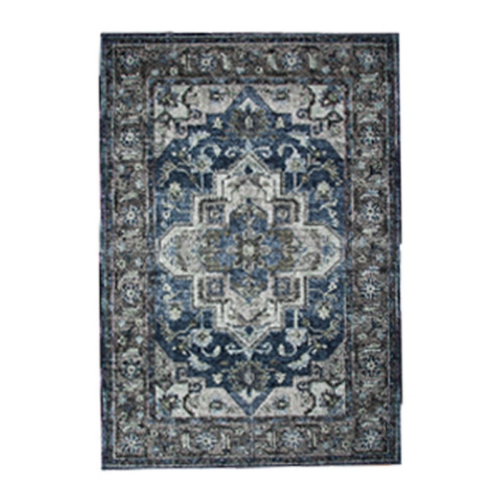 5x7 Medium Area Rug, Blue and Brown Bohemian Vintage Floral Pattern - BM350774