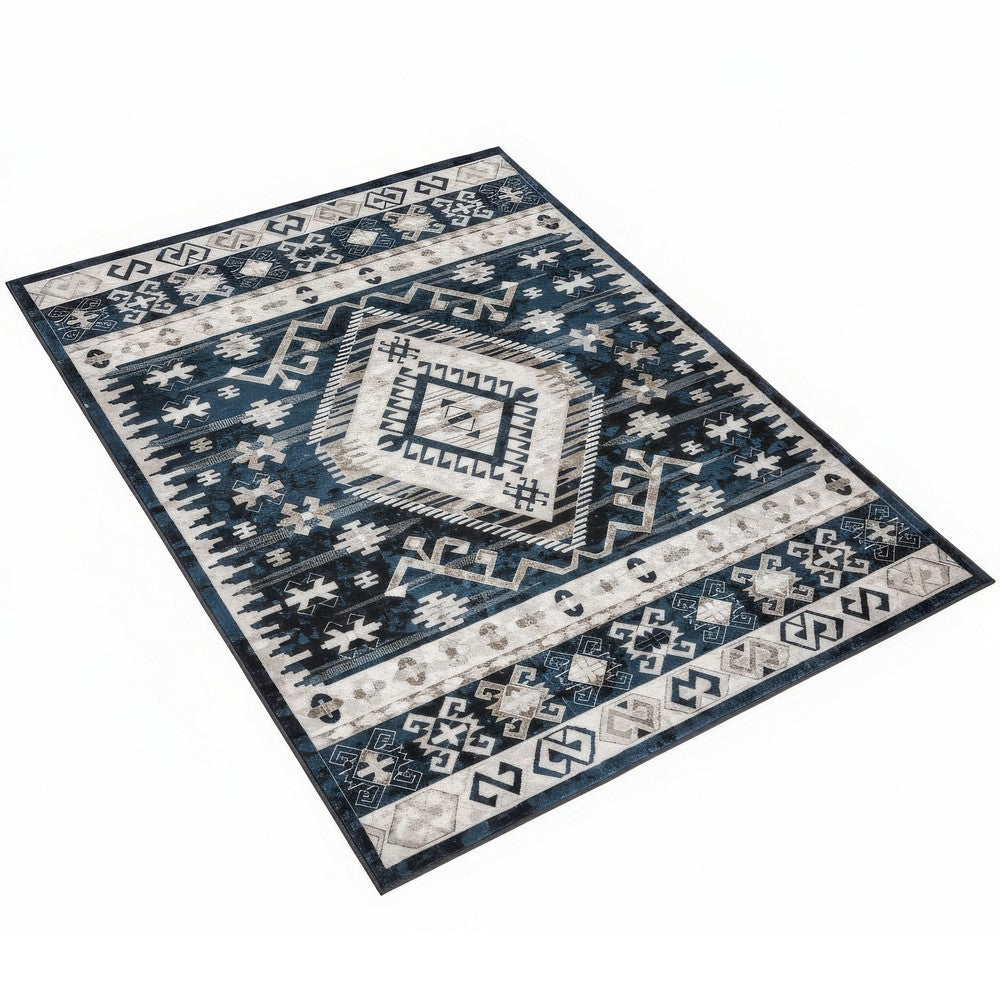 Jena 5x7 Medium Area Rug, Classic Persian Geometric Design, Black Blue - BM350775