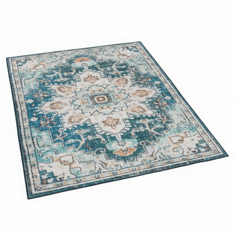 5x7 Retro Medium Area Rug, Beige Blue Vintage Persian Floral Pattern - BM350778