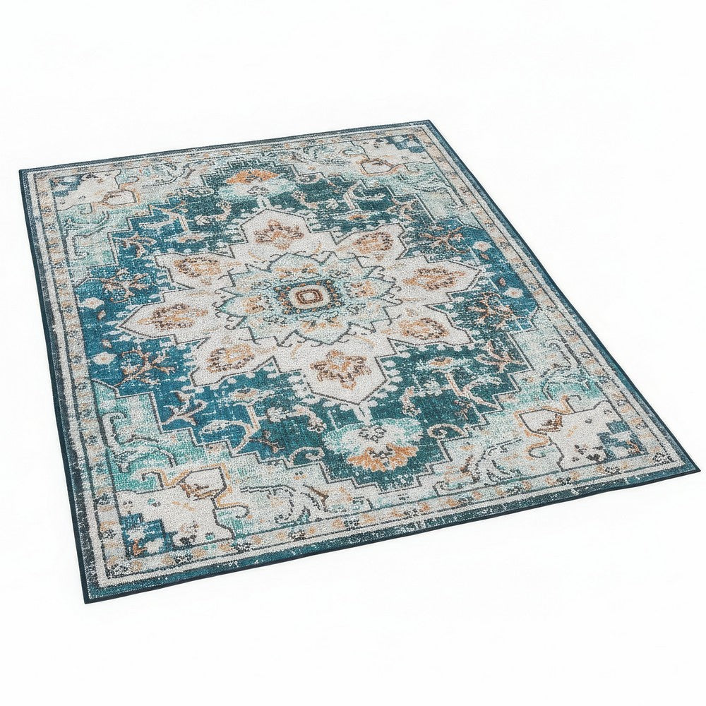 5x7 Retro Medium Area Rug, Beige Blue Vintage Persian Floral Pattern - BM350778