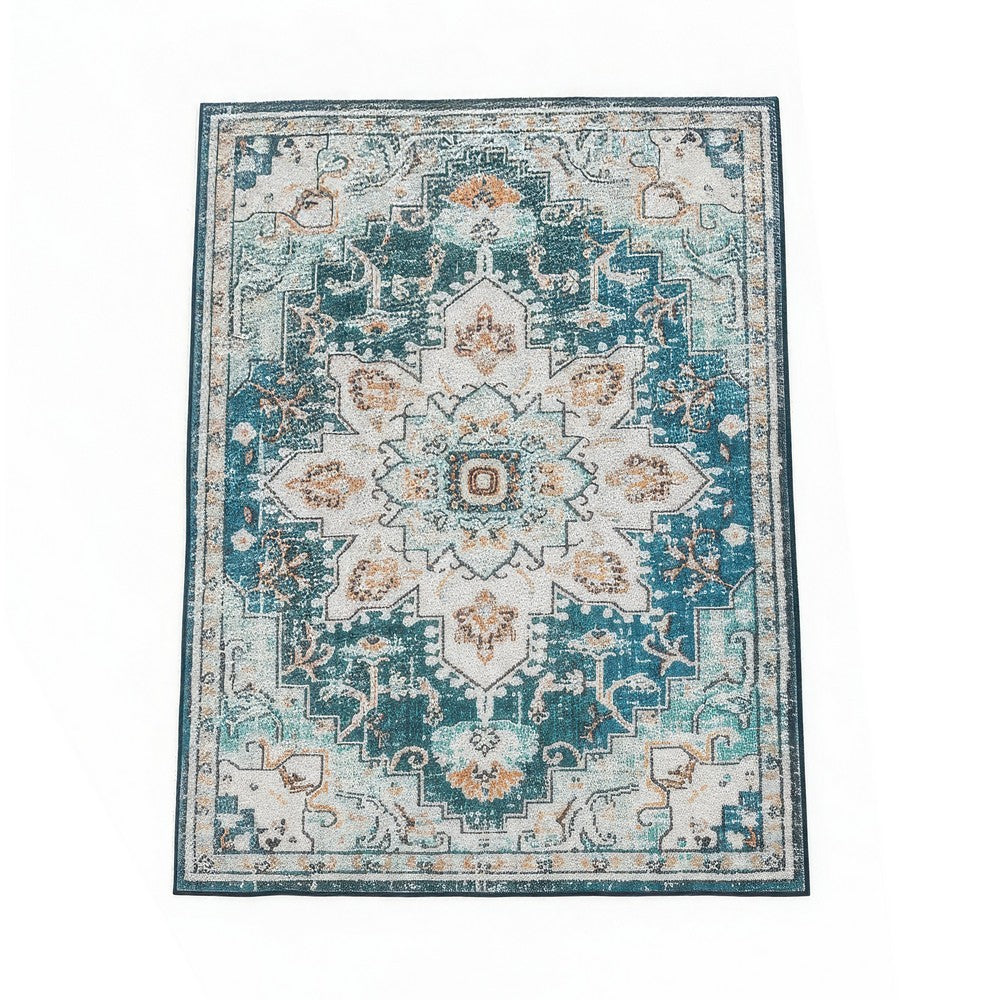 5x7 Retro Medium Area Rug, Beige Blue Vintage Persian Floral Pattern - BM350778