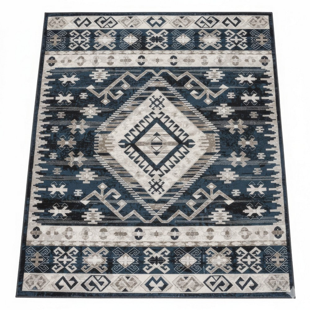Jena 8x10 Extra Large Area Rug, Persian Geometric Design, Black Blue - BM350779