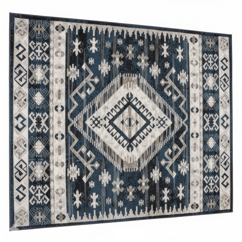 Jena 8x10 Extra Large Area Rug, Persian Geometric Design, Black Blue - BM350779