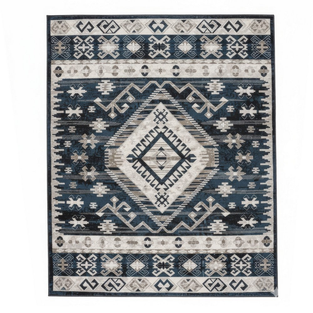 Jena 8x10 Extra Large Area Rug, Persian Geometric Design, Black Blue - BM350779