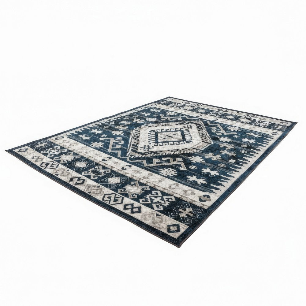 Jena 6x9 Large Area Rug, Persian Geometric Design, Modern Retro Black Blue - BM350782