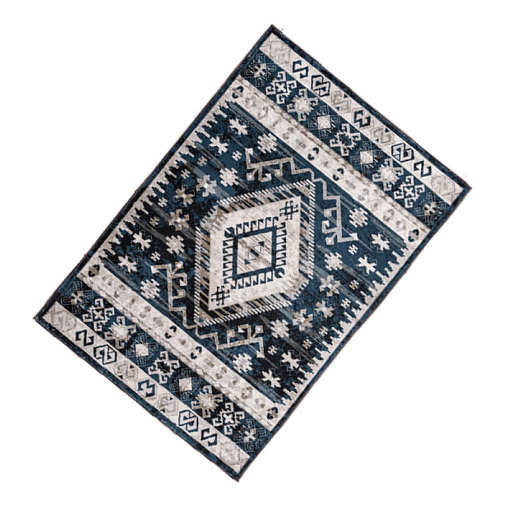 Jena 6x9 Large Area Rug, Persian Geometric Design, Modern Retro Black Blue - BM350782