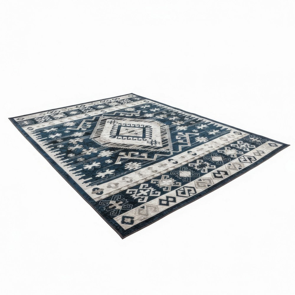Jena 6x9 Large Area Rug, Persian Geometric Design, Modern Retro Black Blue - BM350782
