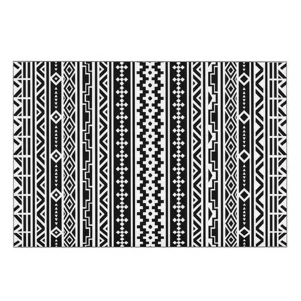 Mez 6x9 Medium Outdoor Rug, Black White Bohemian Geometric Pattern w Bag - BM350786