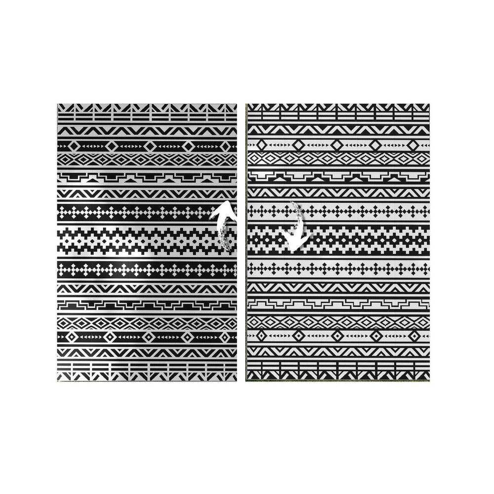 Mez 6x9 Medium Outdoor Rug, Black White Bohemian Geometric Pattern w Bag - BM350786