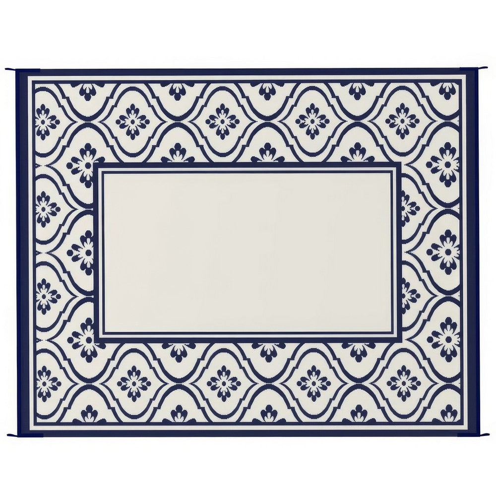 8x10 Large Area Outdoor Rug with Carrying Bag, Blue White Gourd Border - BM350790