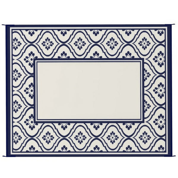 8x10 Large Area Outdoor Rug with Carrying Bag, Blue White Gourd Border - BM350790