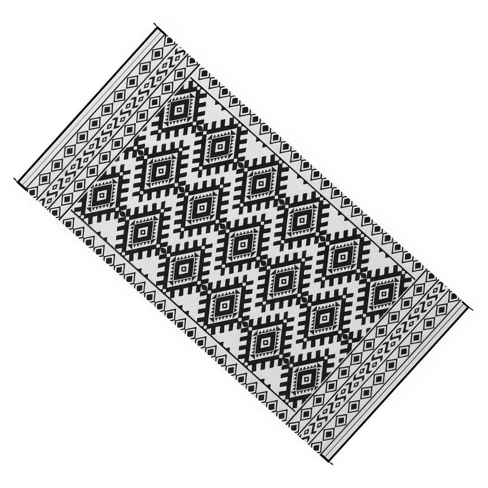 Elyz XL Outdoor Area Rug, Black and White Tribal Design, 9x18 Waterproof - BM350794