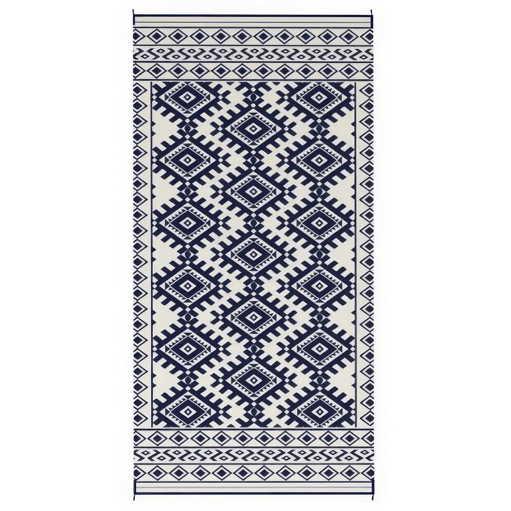 Elyz XL Outdoor Area Rug, Blue and White Tribal Design, 9x18 Weatherproof - BM350795