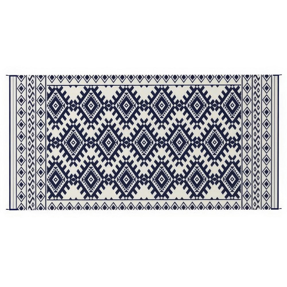 Elyz XL Outdoor Area Rug, Blue and White Tribal Design, 9x18 Weatherproof - BM350795