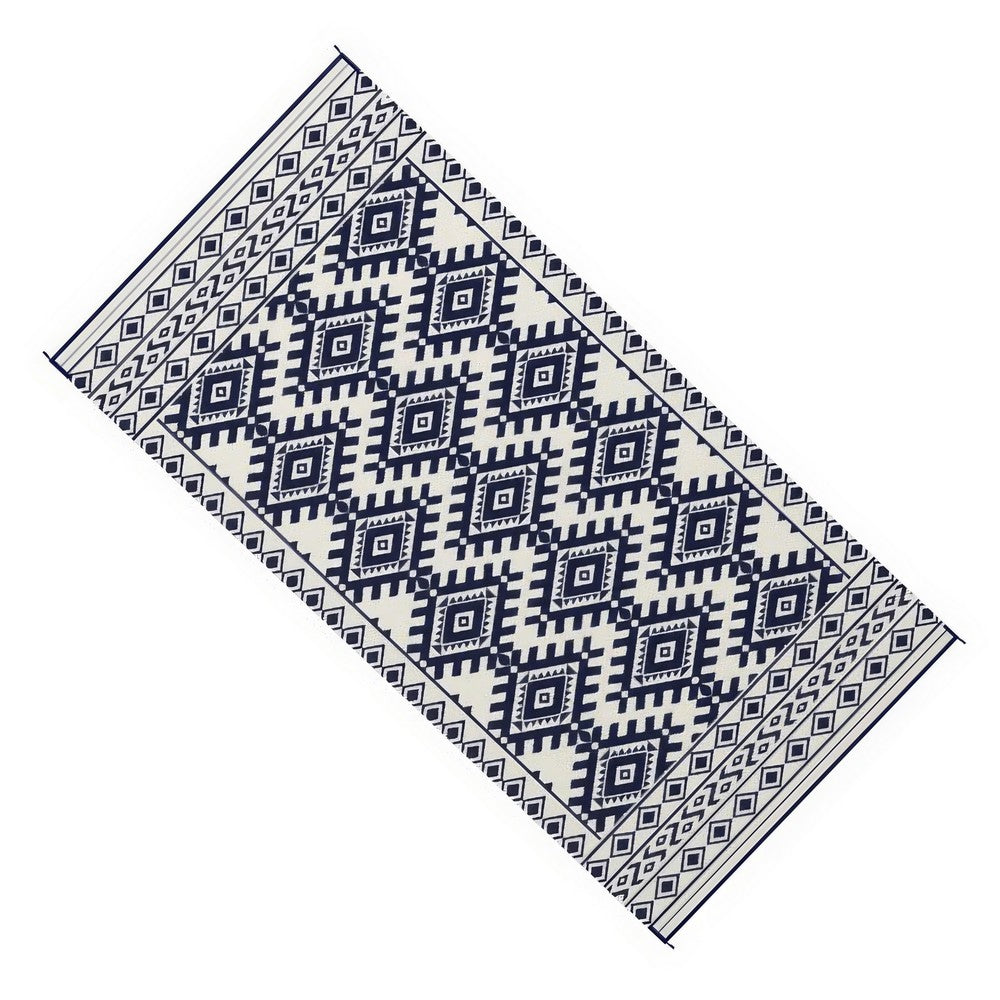 Elyz XL Outdoor Area Rug, Blue and White Tribal Design, 9x18 Weatherproof - BM350795