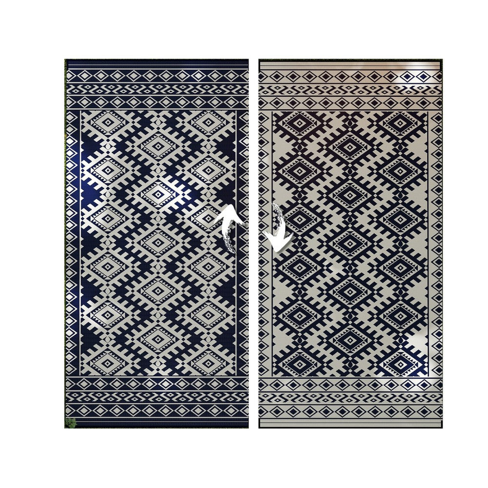 Elyz XL Outdoor Area Rug, Blue and White Tribal Design, 9x18 Weatherproof - BM350795