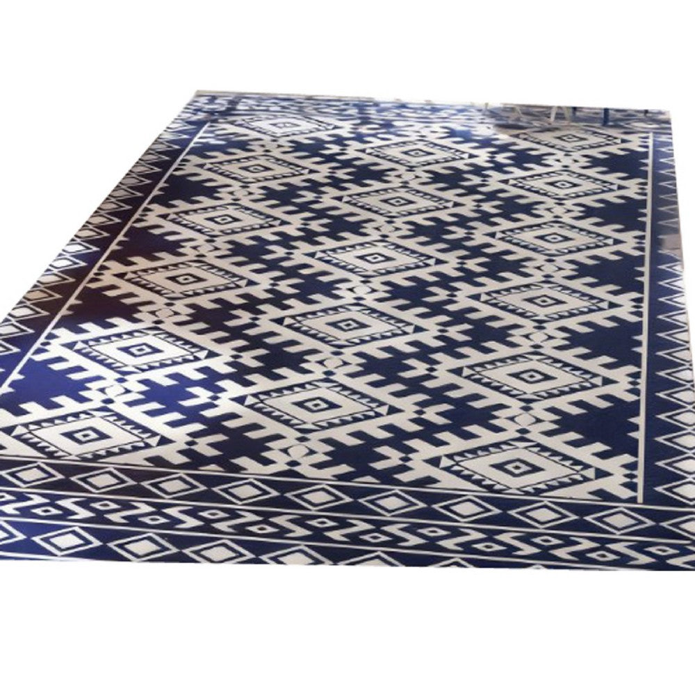 Elyz XL Outdoor Area Rug, Blue and White Tribal Design, 9x18 Weatherproof - BM350795