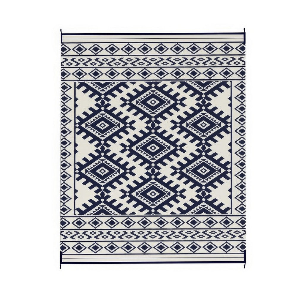 Elyz Large Outdoor Area Rug, Blue White Tribal Design, 8x10 Weatherproof - BM350796