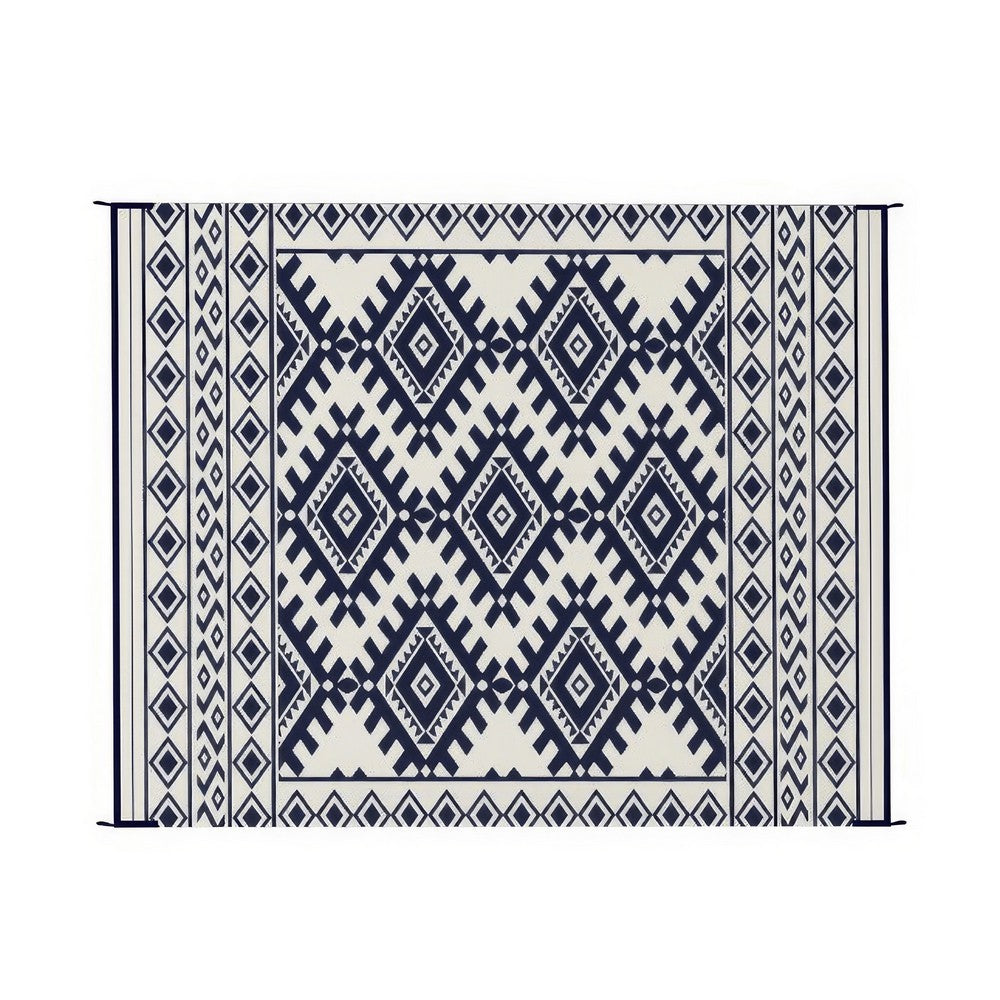 Elyz Large Outdoor Area Rug, Blue White Tribal Design, 8x10 Weatherproof - BM350796