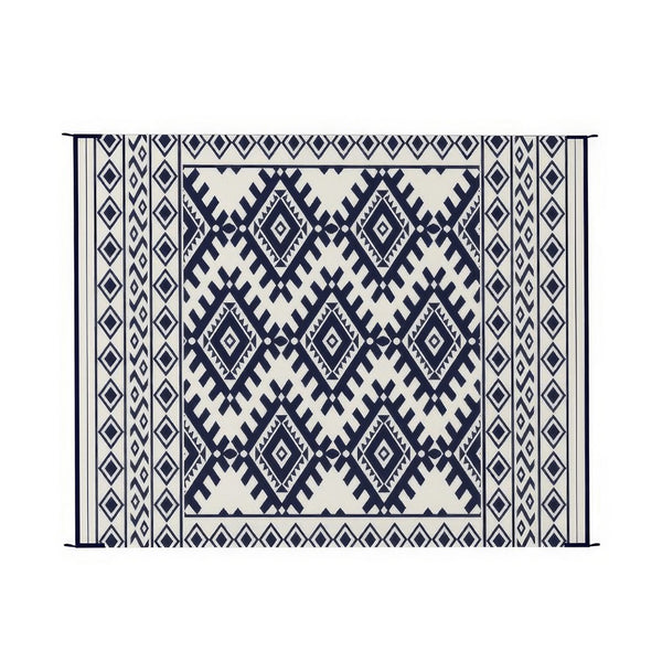 Elyz Large Outdoor Area Rug, Blue White Tribal Design, 8x10 Weatherproof - BM350796