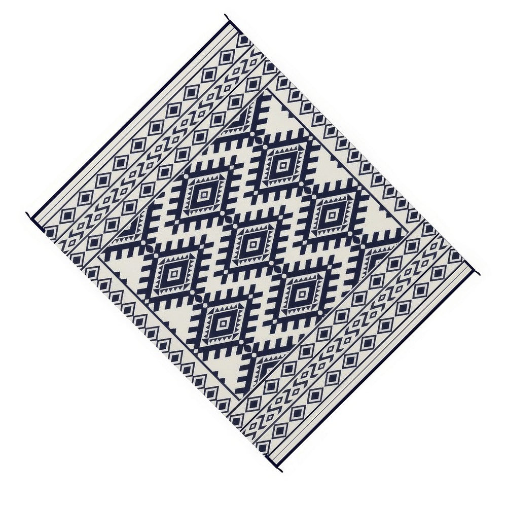 Elyz Large Outdoor Area Rug, Blue White Tribal Design, 8x10 Weatherproof - BM350796