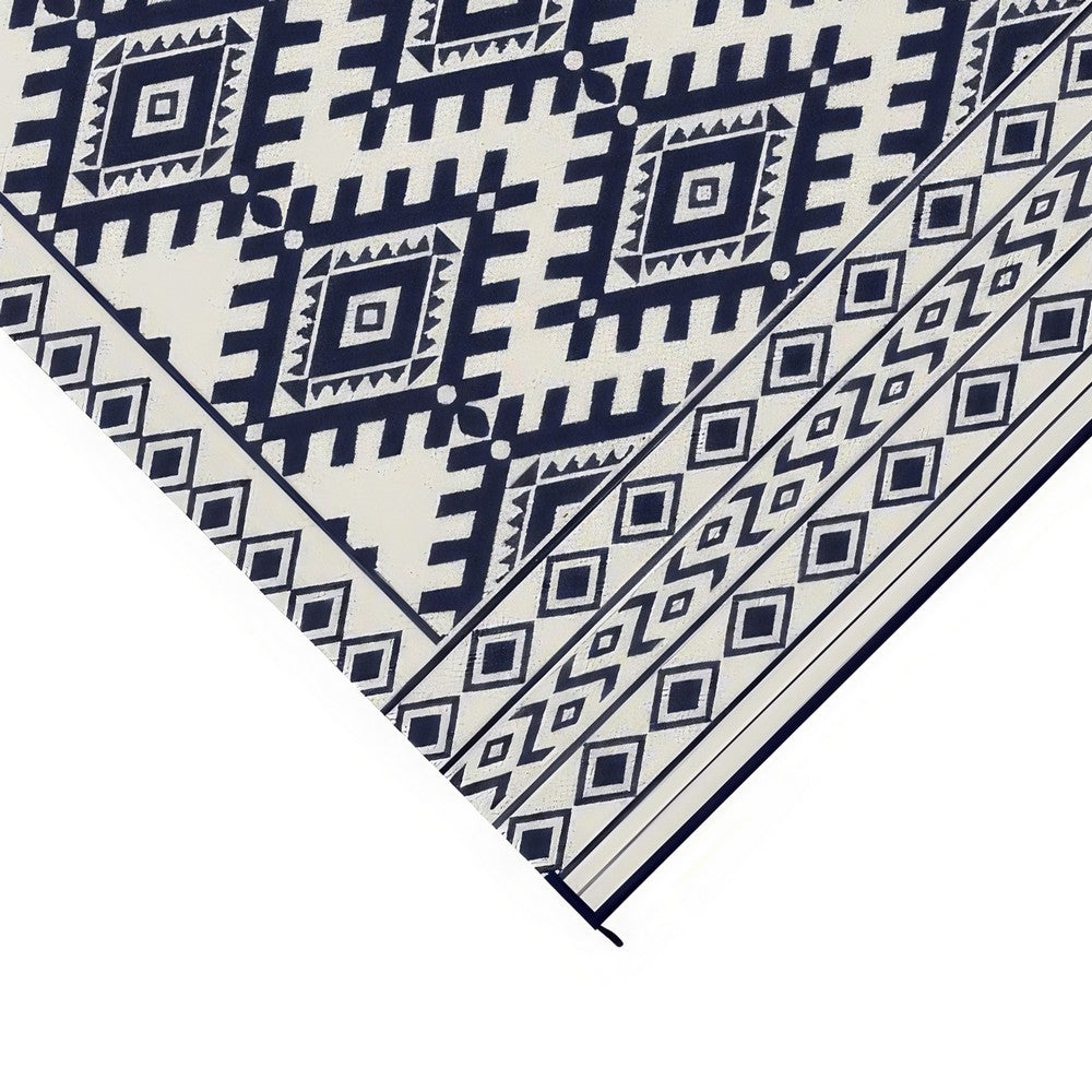 Elyz Large Outdoor Area Rug, Blue White Tribal Design, 8x10 Weatherproof - BM350796