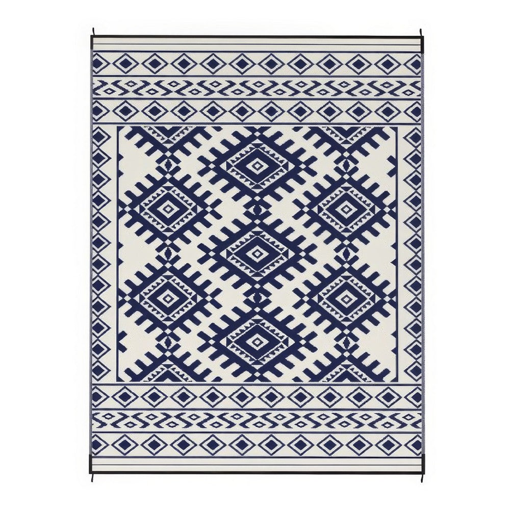 Elyz Large Outdoor Area Rug, Blue and White Tribal Design, 9x12 Waterproof - BM350798