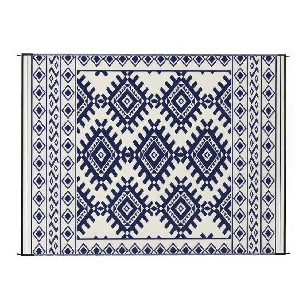 Elyz Large Outdoor Area Rug, Blue and White Tribal Design, 9x12 Waterproof - BM350798