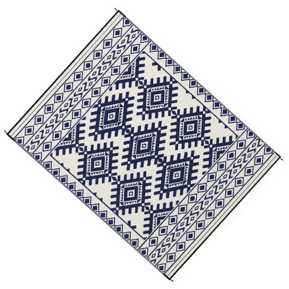 Elyz Large Outdoor Area Rug, Blue and White Tribal Design, 9x12 Waterproof - BM350798
