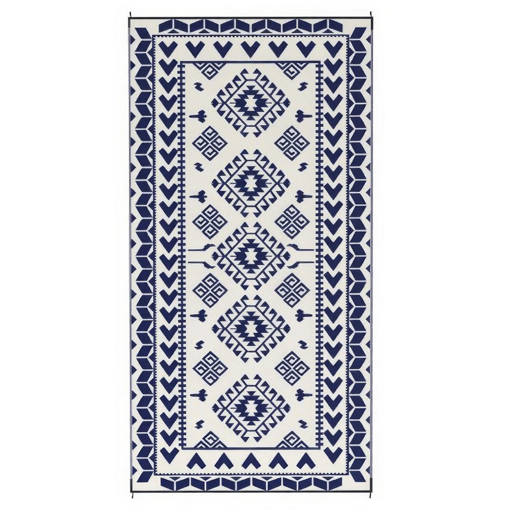 Pema Outdoor Area Rug, Blue and White Patchwork, Giant 9x18 Picnic Rug - BM350803