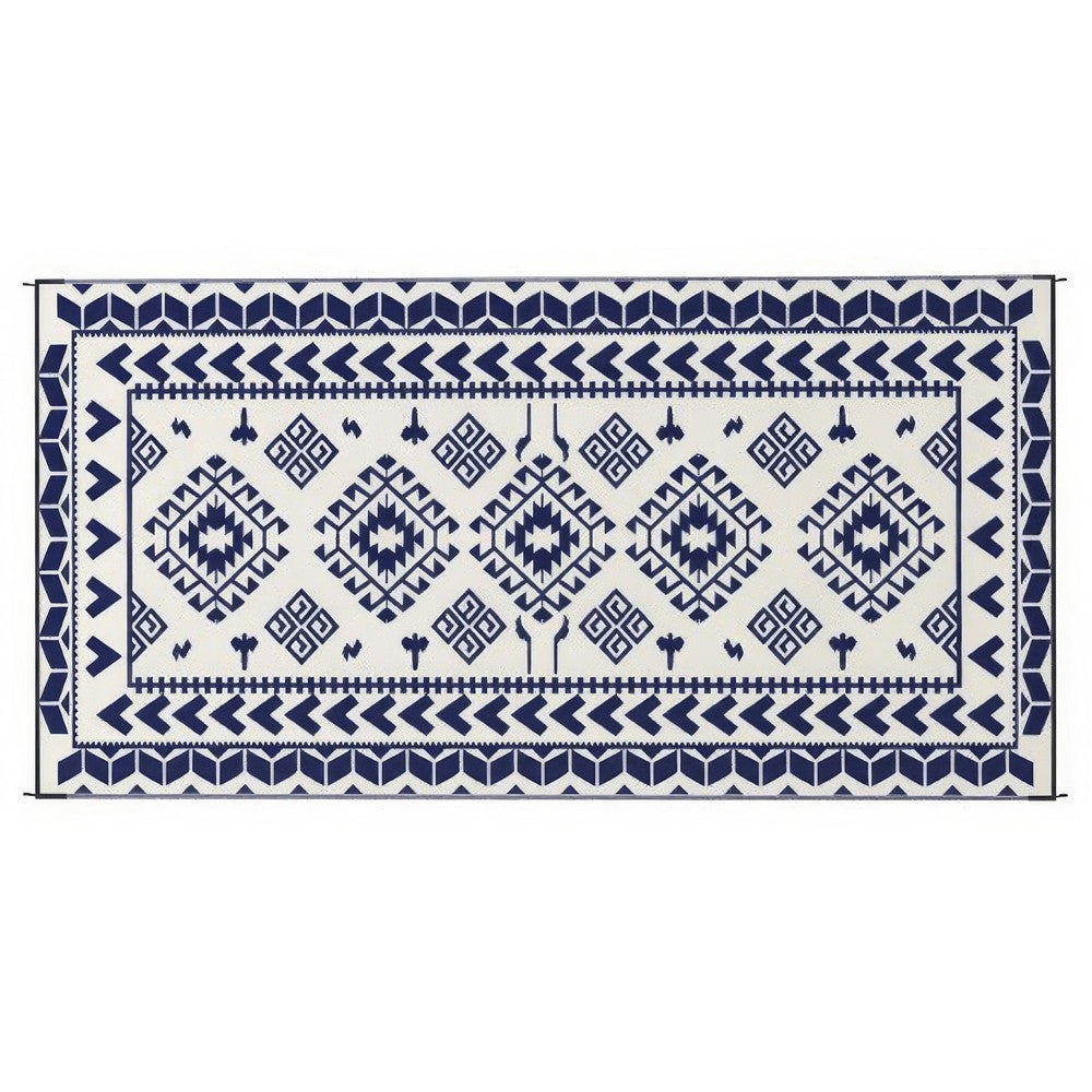 Pema Outdoor Area Rug, Blue and White Patchwork, Giant 9x18 Picnic Rug - BM350803