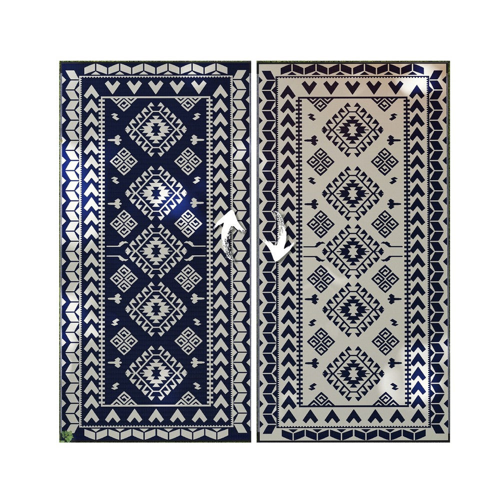 Pema Outdoor Area Rug, Blue and White Patchwork, Giant 9x18 Picnic Rug - BM350803