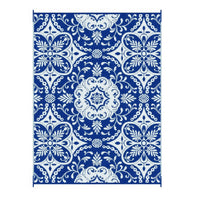 Outdoor Area Rug, Floral Medallion in Blue and White, XL 9x12 Plastic Straw - BM350804