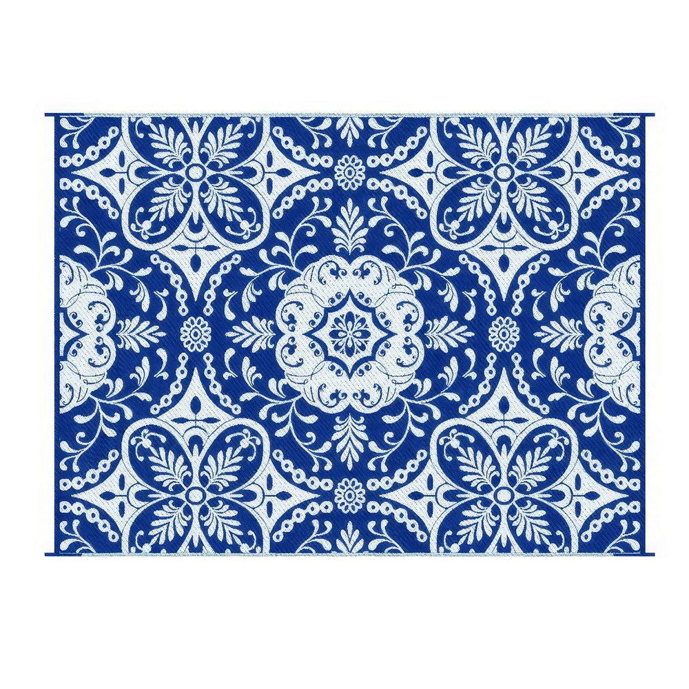 Outdoor Area Rug, Floral Medallion in Blue and White, XL 9x12 Plastic Straw - BM350804