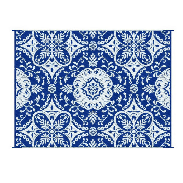 Outdoor Area Rug, Floral Medallion in Blue and White, XL 9x12 Plastic Straw - BM350804
