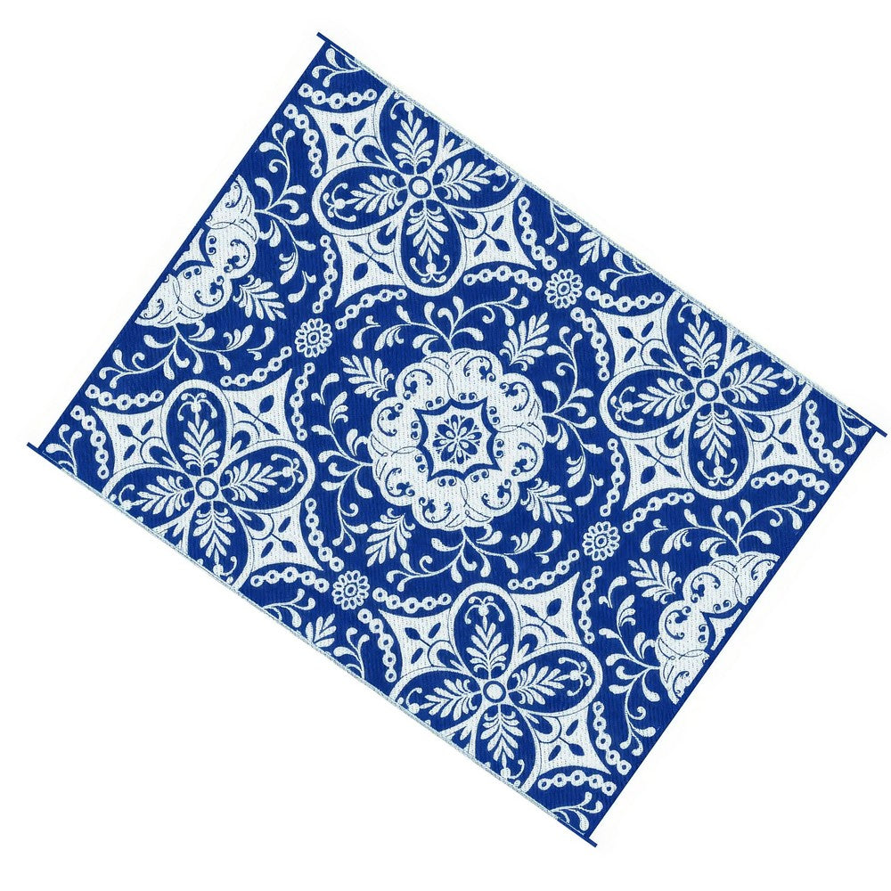 Outdoor Area Rug, Floral Medallion in Blue and White, XL 9x12 Plastic Straw - BM350804