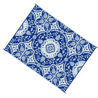 Outdoor Area Rug, Floral Medallion in Blue and White, XL 9x12 Plastic Straw - BM350804