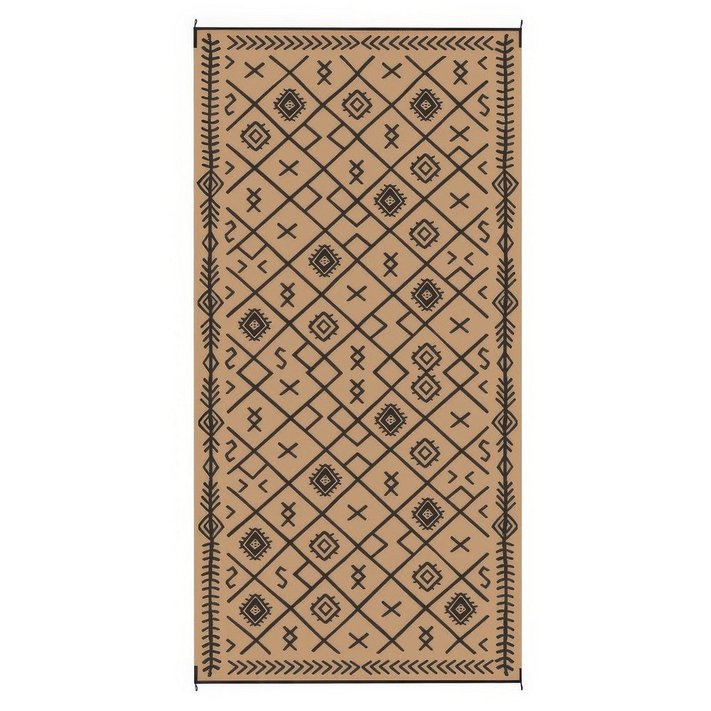 Outdoor Area Rug, Black and Brown Rhombus Design, 9x18 Faux Straw Material - BM350810