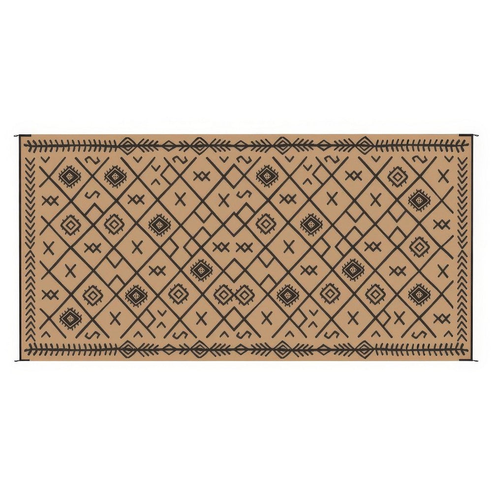 Outdoor Area Rug, Black and Brown Rhombus Design, 9x18 Faux Straw Material - BM350810