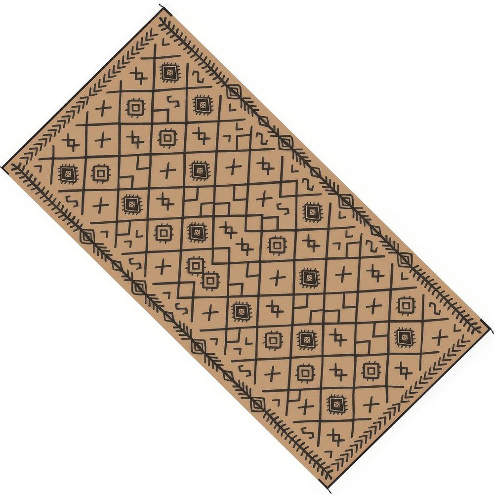Outdoor Area Rug, Black and Brown Rhombus Design, 9x18 Faux Straw Material - BM350810