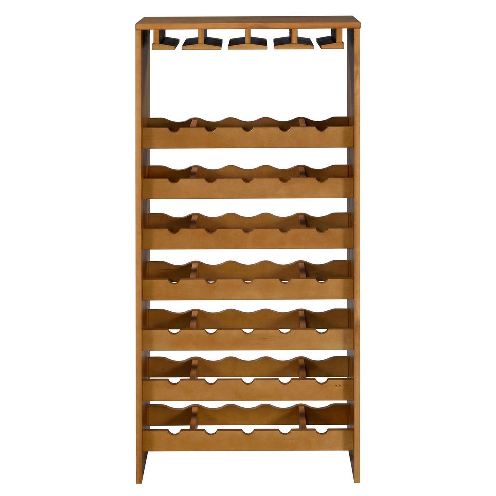 Sana Wine Rack, 7 Tier Design with Built-In 4 Stemware, Oak Brown 49 Inch  - BM350813