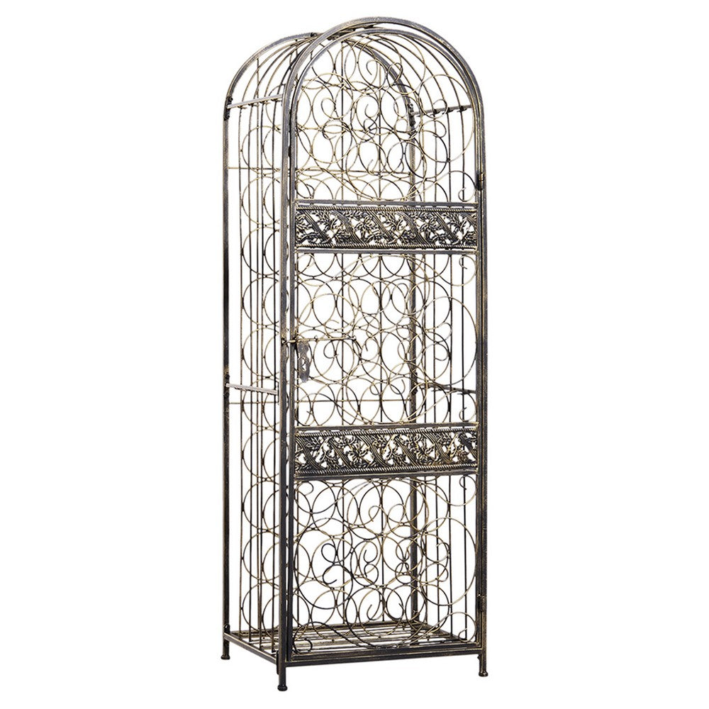 Wine Rack with Cage and Lock, 45 Bottle Holder, Antique Bronze Iron 52 Inch - BM350823