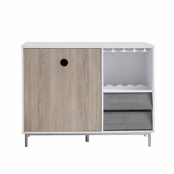 Wine Rack with Cabinet and 2 Drawers, Glass Holder, White Gray 47 Inch - BM350824