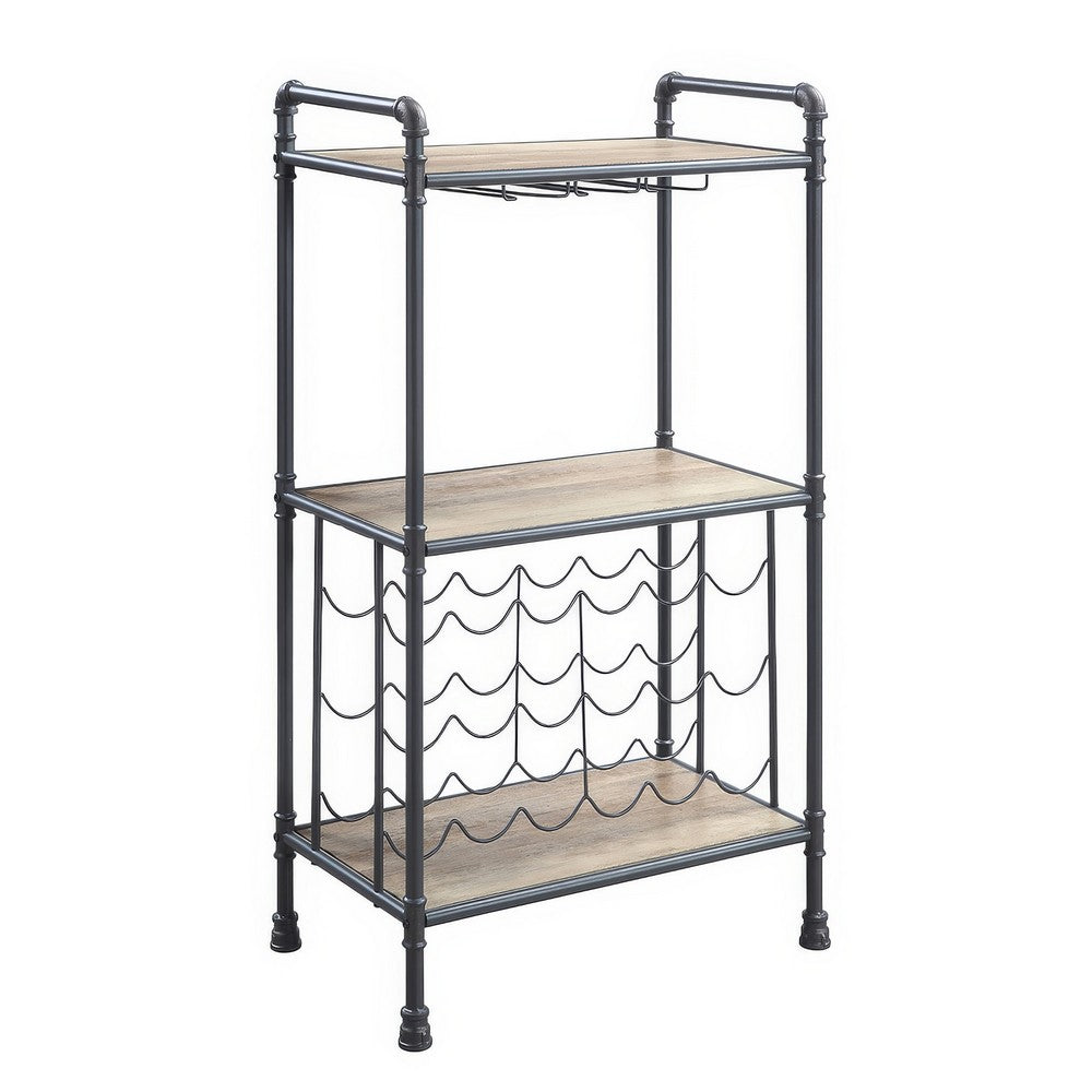 Coleen 3 Tier Wine Rack, Oak Brown Wood Shelves, Industrial Metal 45 Inch - BM350825