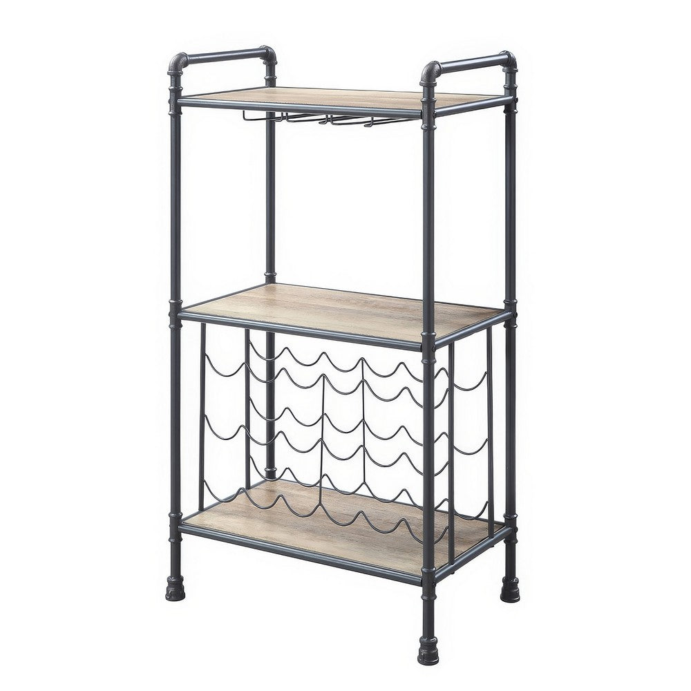 Coleen 3 Tier Wine Rack, Oak Brown Wood Shelves, Industrial Metal 45 Inch - BM350825