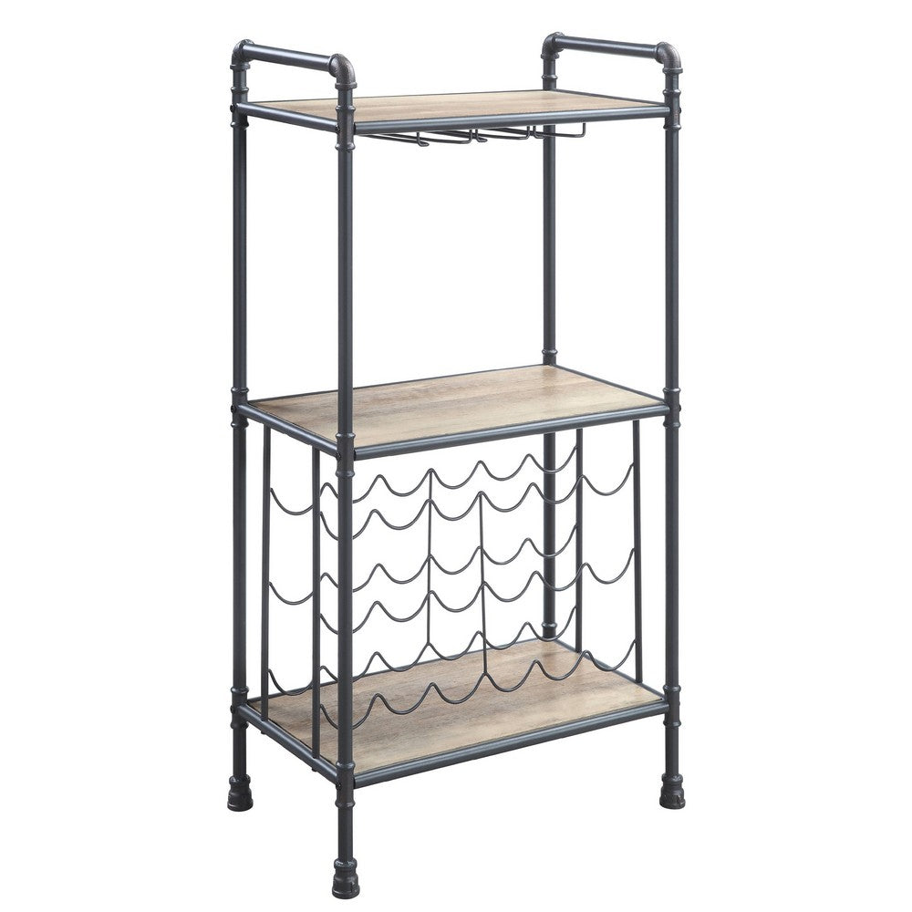Coleen 3 Tier Wine Rack, Wood Shelves, Gray Industrial Metal Pipes 46 Inch - BM350826