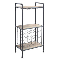 Coleen 3 Tier Wine Rack, Wood Shelves, Gray Industrial Metal Pipes 46 Inch - BM350826