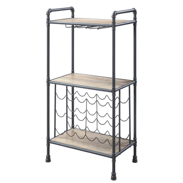 Coleen 3 Tier Wine Rack, Wood Shelves, Gray Industrial Metal Pipes 46 Inch - BM350826