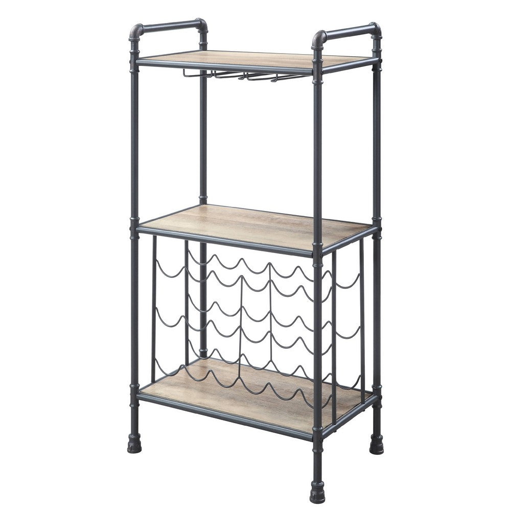 Coleen 3 Tier Wine Rack, Wood Shelves, Gray Industrial Metal Pipes 46 Inch - BM350826