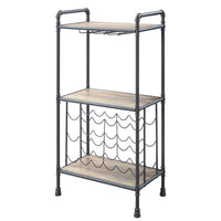 Coleen 3 Tier Wine Rack, Wood Shelves, Gray Industrial Metal Pipes 46 Inch - BM350826